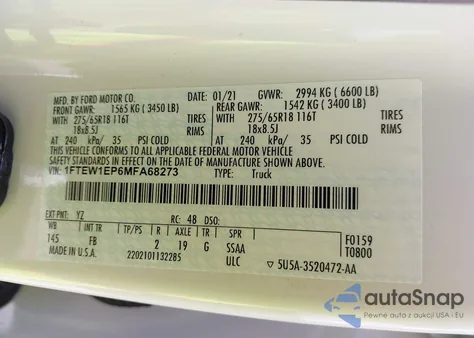 2021 Ford F-150 Xlt из США, поврежденный, VIN 1FTEW1EP6MFA68273